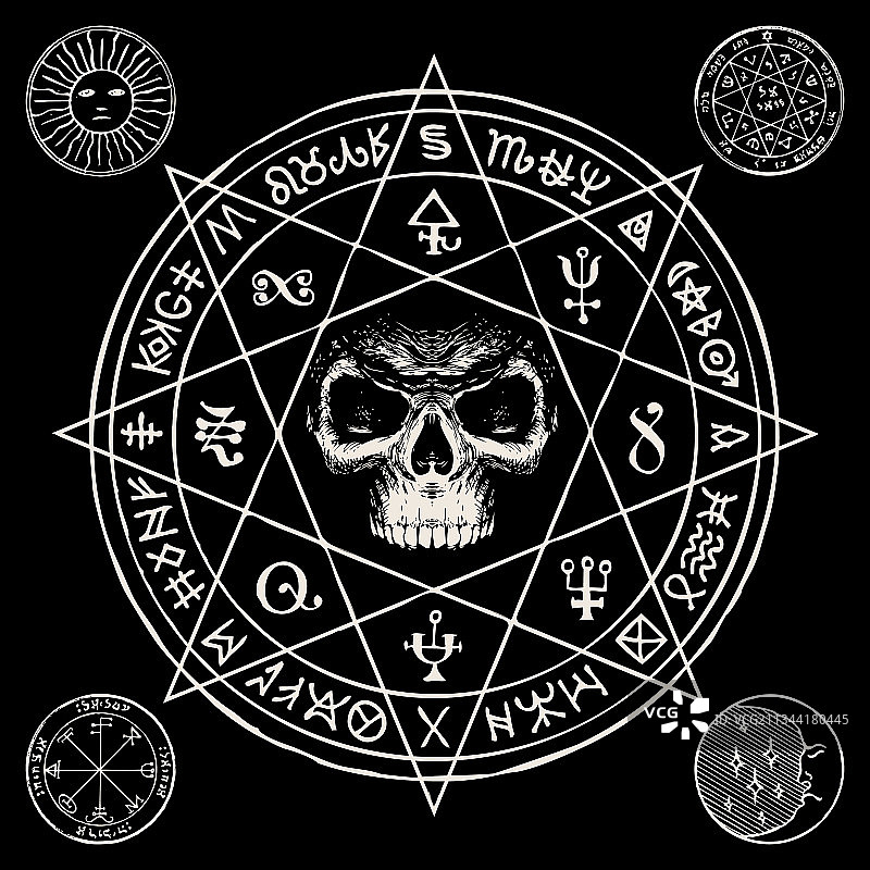 手绘旗帜与人类头骨和符文图片素材