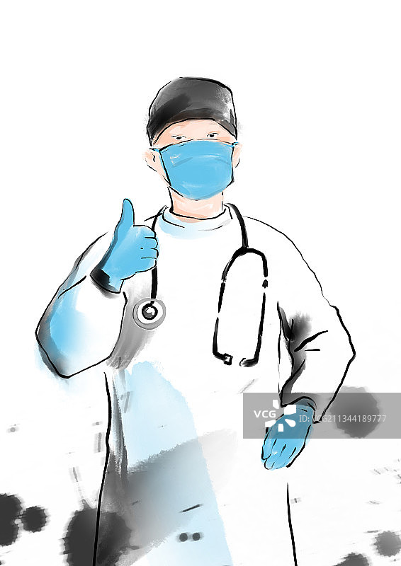 医疗抗击疫情一线工作人员水墨人物画图片素材