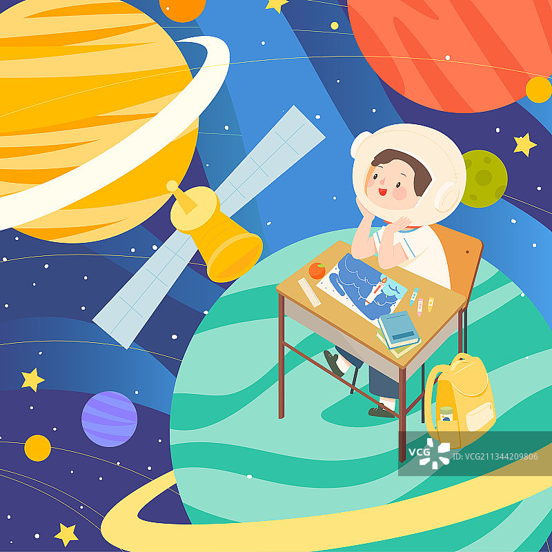 儿童坐在书桌前幻想绚烂宇宙矢量插画方图图片素材