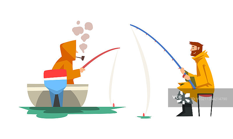 在船上用钓鱼竿钓鱼的留着胡子的男性渔民图片素材