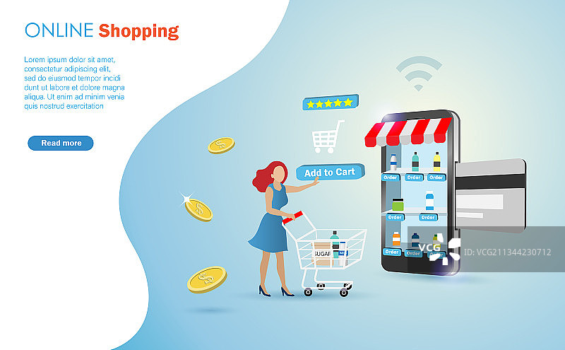 用购物车进行网上购物的女人图片素材