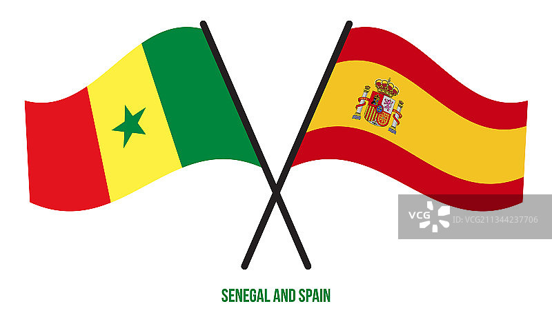 塞内加尔和西班牙国旗交叉飘扬图片素材