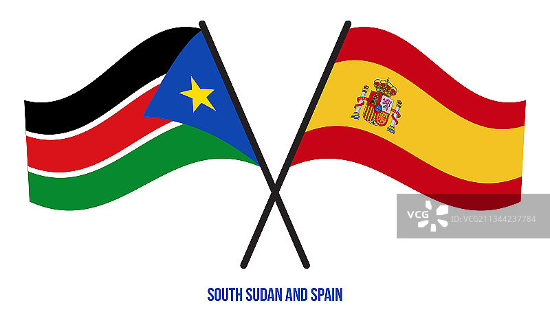 南苏丹和西班牙旗帜交叉飘扬图片素材