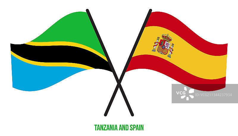 坦桑尼亚与西班牙旗帜交叉飘扬扁平风格图片素材