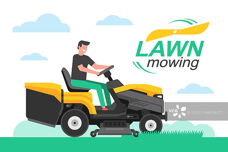男人在花园里驾驶拖拉机式割草机图片素材