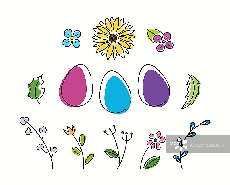 明亮的复活节彩蛋和鲜花图片素材