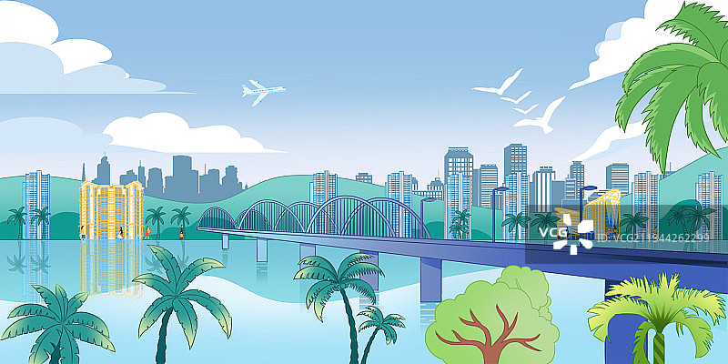 扁平风中国城市建筑都市生活长江沿岸江景房大桥商务背景插画图片素材