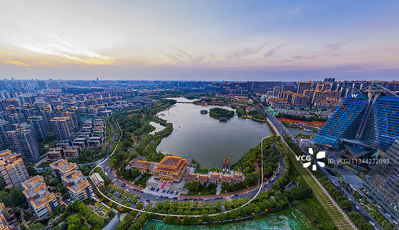 西安曲江池遗址公园航拍全貌图片素材