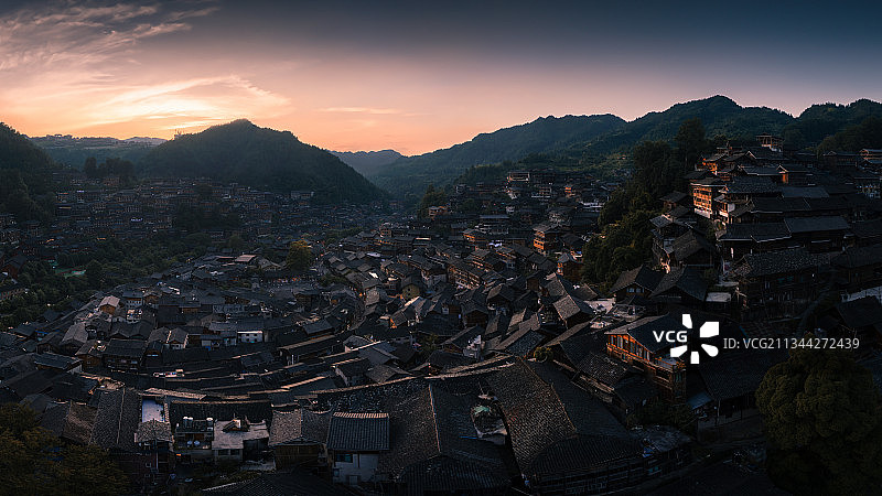多彩贵州西江千户苗寨日落全景图片素材