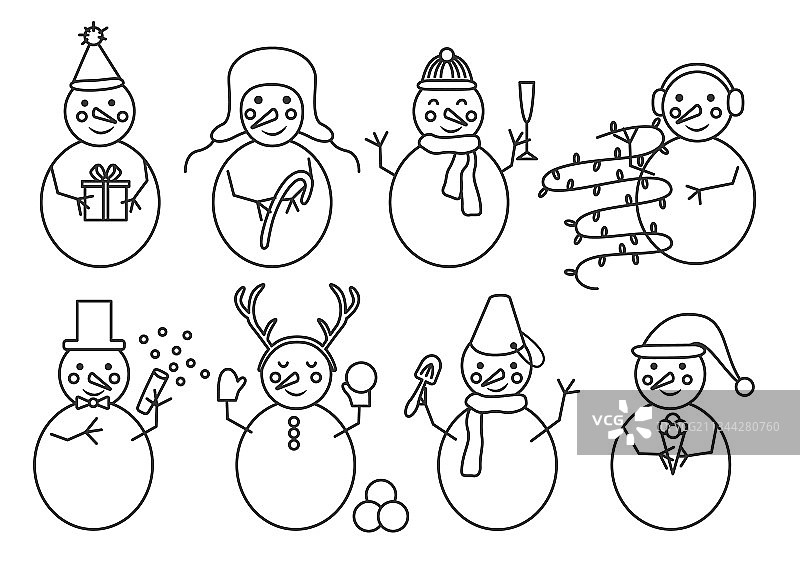 戴着各式帽子的雪人线条合集图片素材