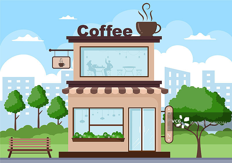 带有开放式广告牌的咖啡店图片素材