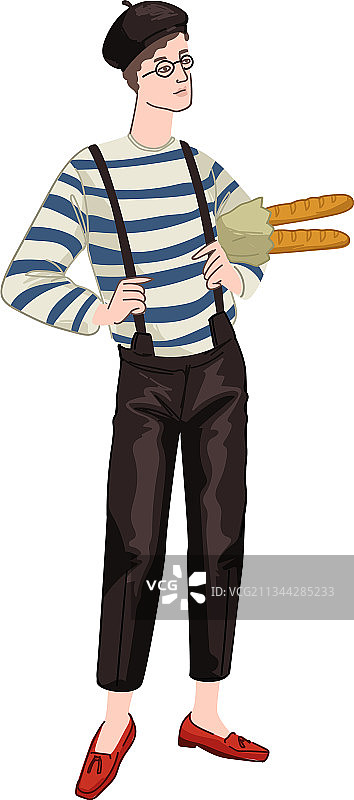 穿着法式服装拿着法棍面包的男子图片素材