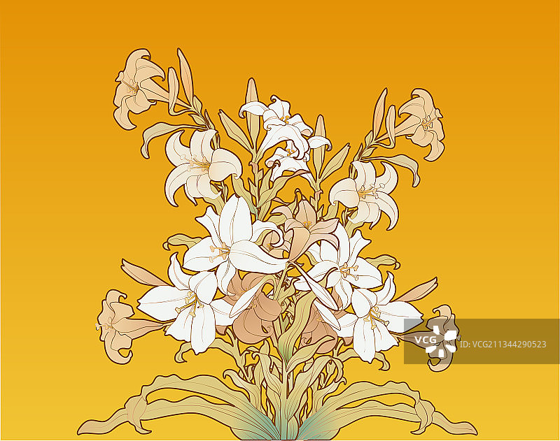 穆夏风格百合花束矢量插画图片素材