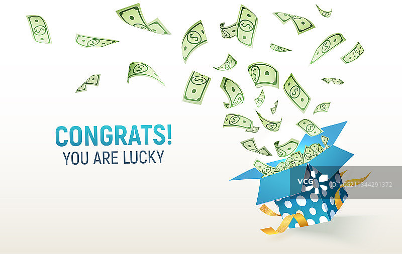 美元纸币爆炸式礼盒，赢钱图片素材