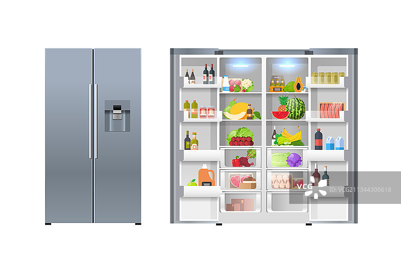 打开和关闭的冰箱，充满新鲜食物图片素材