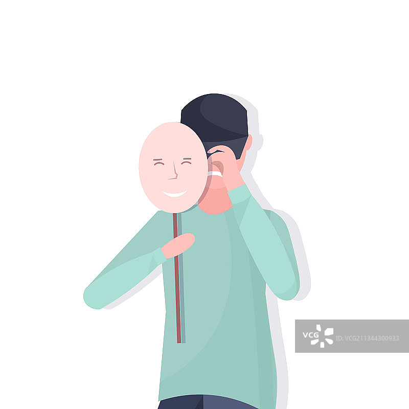 沮丧的男人拿着积极的面具图片素材