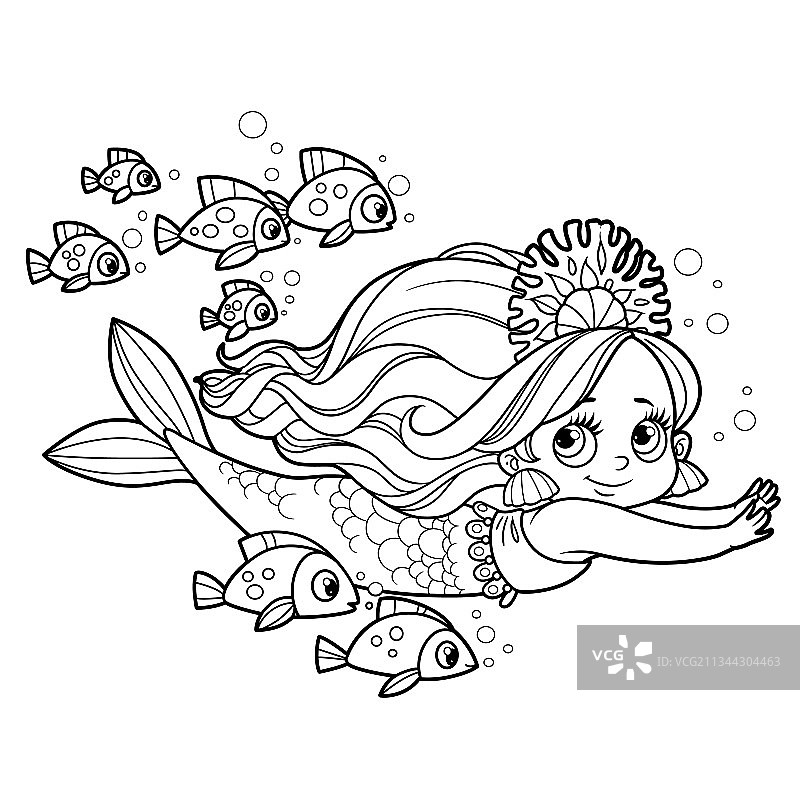戴着珊瑚头饰的可爱小美人鱼女孩游泳图片素材