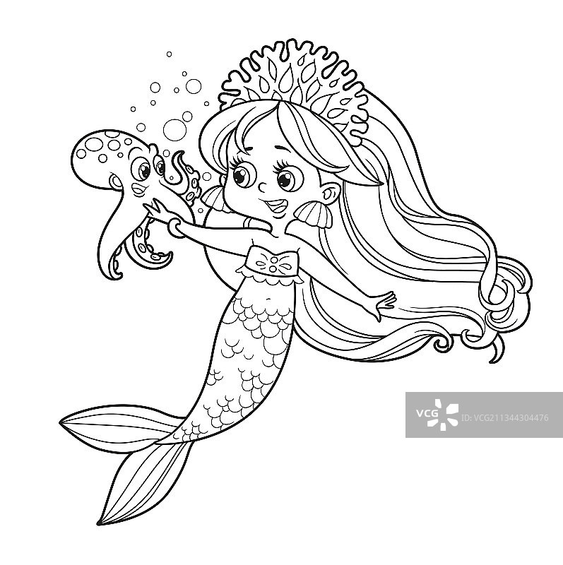 戴着珊瑚头饰的可爱小美人鱼女孩图片素材