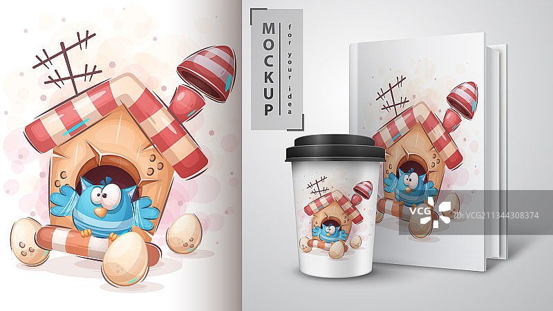 鸟屋里的小鸟 - 可爱的卡通动物角色图片素材