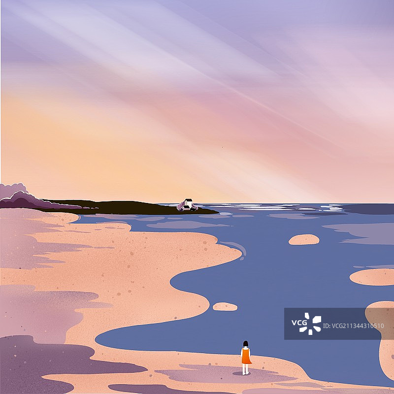 扁平风女孩在岸边风景插画图片素材
