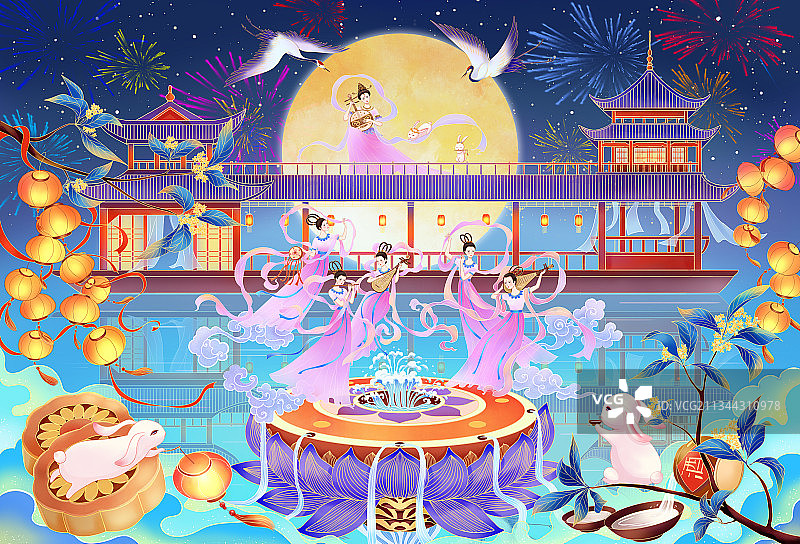 国潮中秋插画月宫宴图片素材