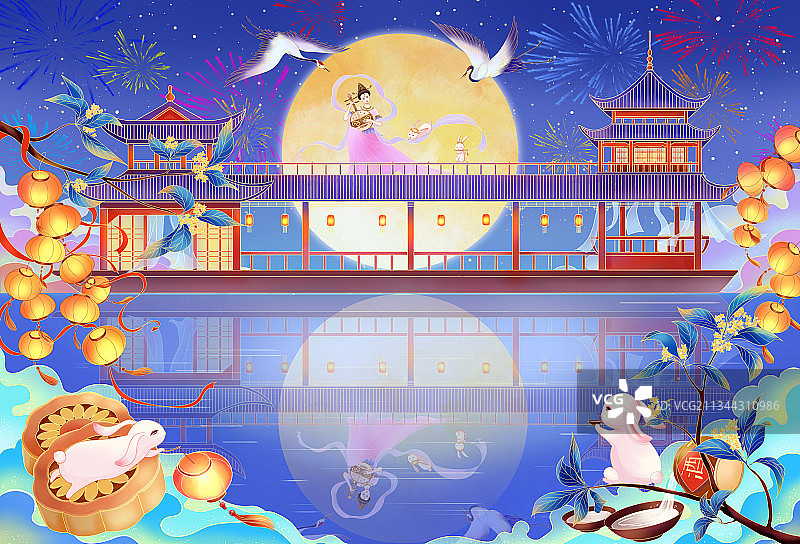 国潮中秋插画月宫宴图片素材