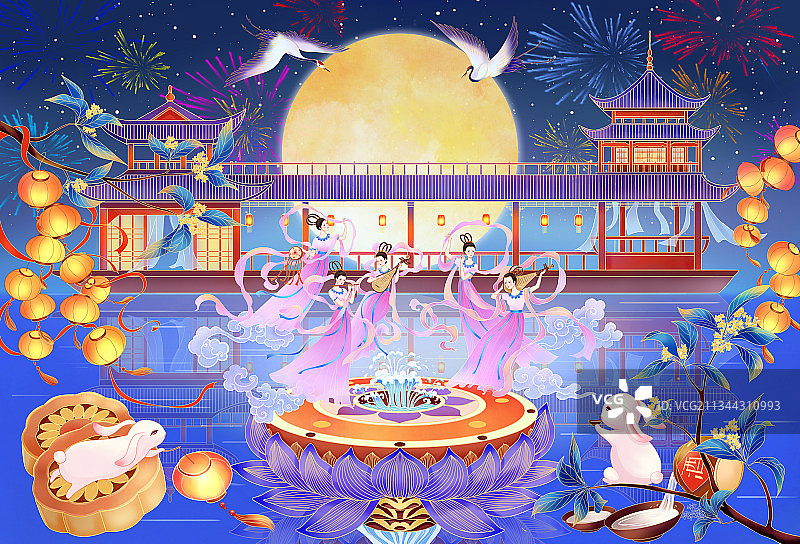 国潮中秋插画月宫宴图片素材