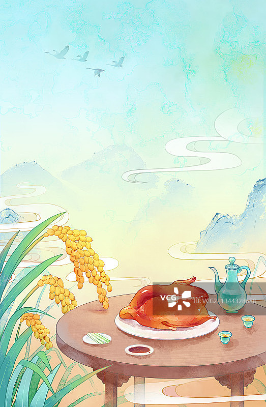 秋天节气丰收贴秋膘黄叶国风美食图片素材