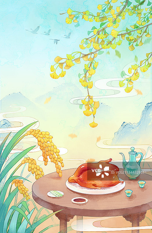 秋天节气丰收贴秋膘黄叶国风美食图片素材