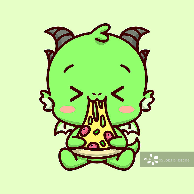 正在吃披萨的可爱小绿龙图片素材