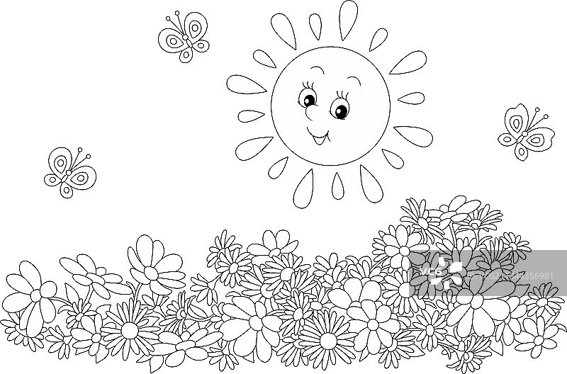 阳光与花园鲜花下的幸福微笑图片素材