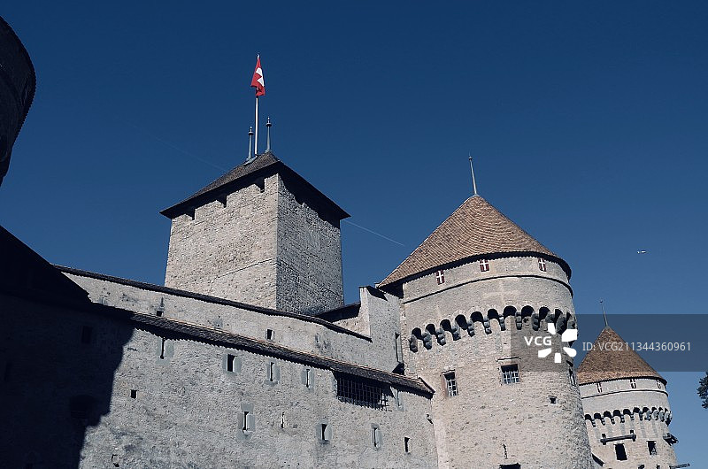 瑞士日内瓦湖畔欧洲十大古堡之一的西庸古堡。图片素材