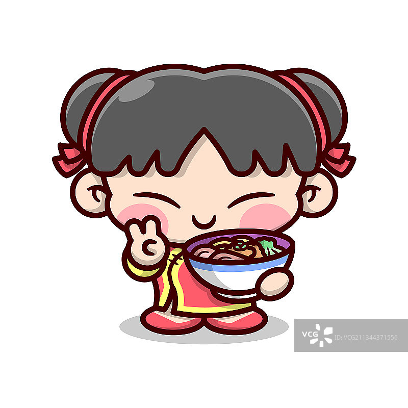 可爱的中国女孩拿着一碗拉面图片素材