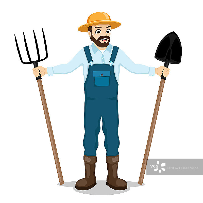 手持干草叉和铲子的农民图片素材