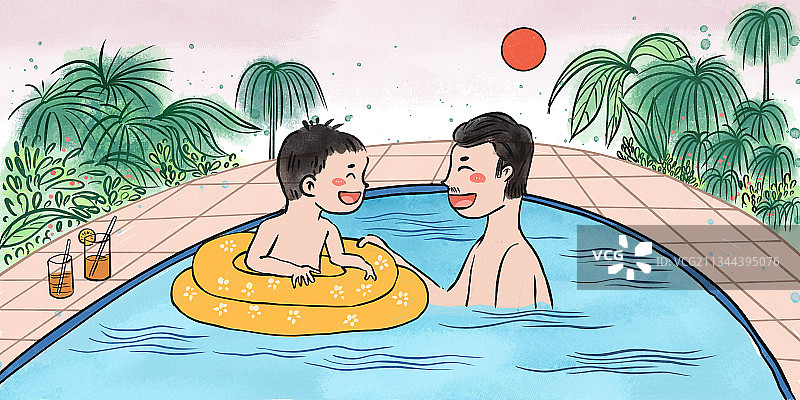 父子游泳图片素材