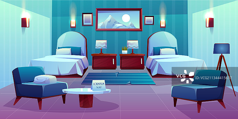 酒店双人间卡通内饰图片素材