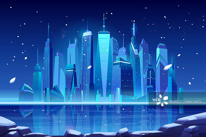 夜间霓虹冬季冰封海湾城市天际线图片素材