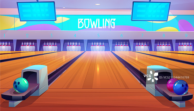 保龄球馆与球、球瓶和记分牌图片素材