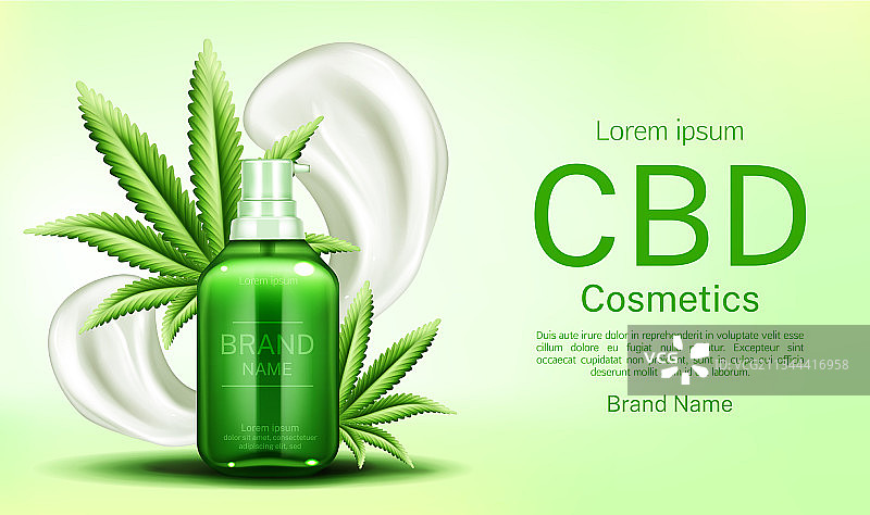 CBD化妆品：乳霜瓶和叶子图片素材