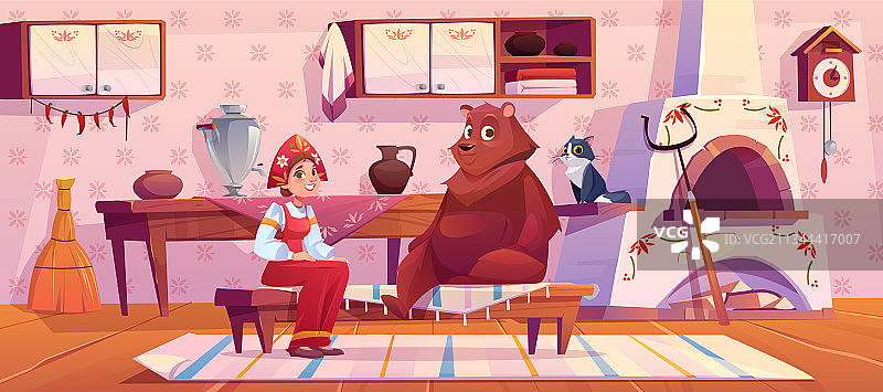 身穿俄罗斯传统服装的女人和熊图片素材