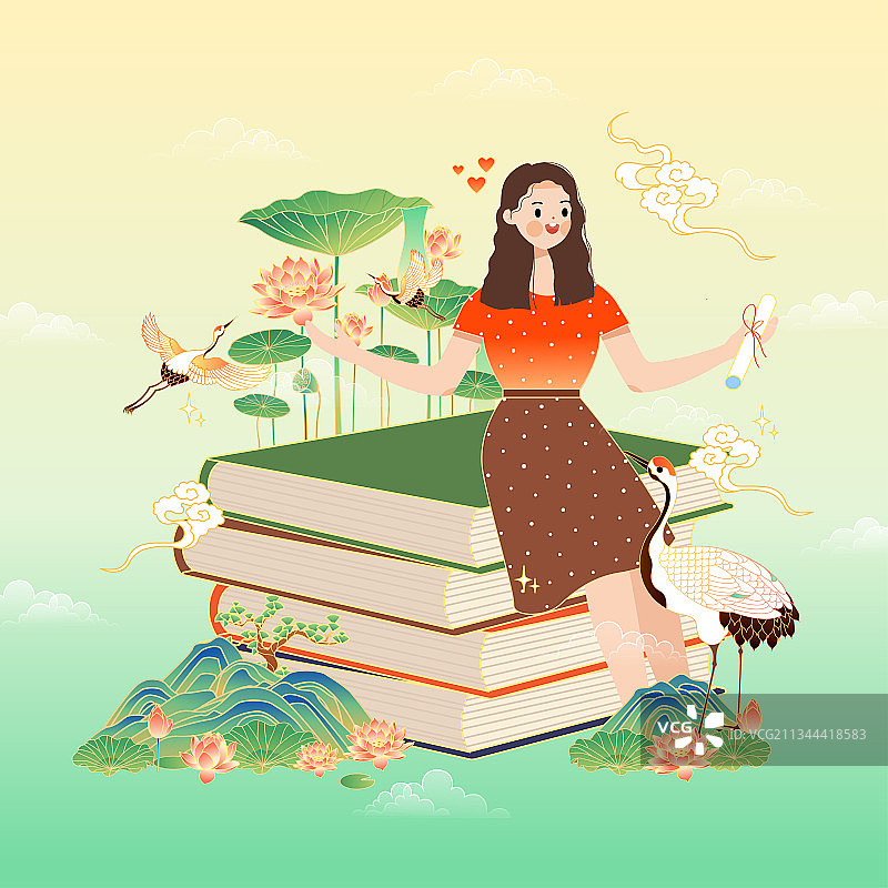 中国风坐在书上的女孩矢量插画图片素材