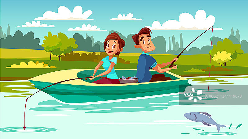 情侣钓鱼卡通图片素材