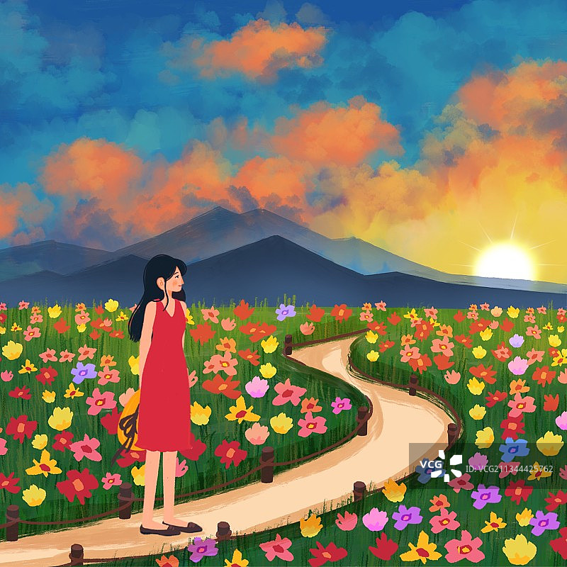 插画,花,花海,人物,女人,裙子,夕阳,落日,草,复古,可爱图片素材