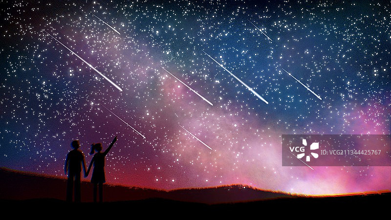 插画,天文学,壁纸,人物,星空,情侣,手牵手,浪漫,观看,看图片素材