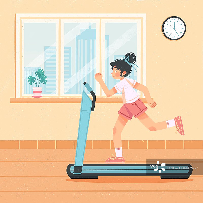 插画,人物,居家,运动,锻炼身体,健康,跑步机,室内,在家,图片素材