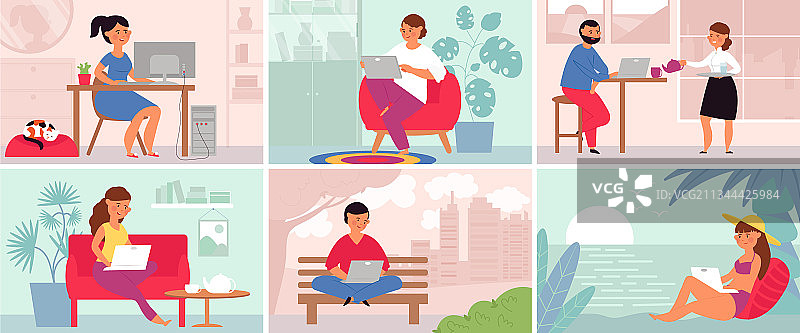 人们远程工作、参加会议、观看朋友图片素材