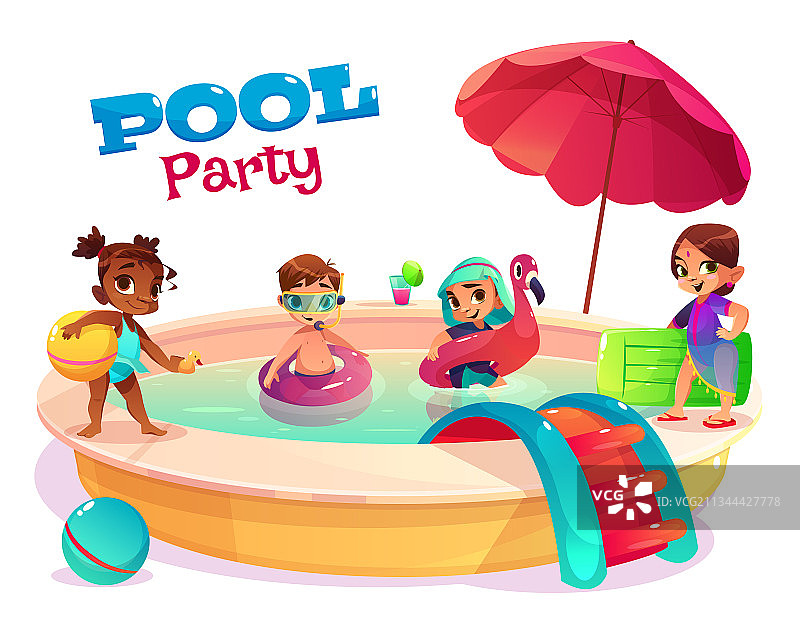 不同种族的孩子在泳池里游泳卡通图片素材