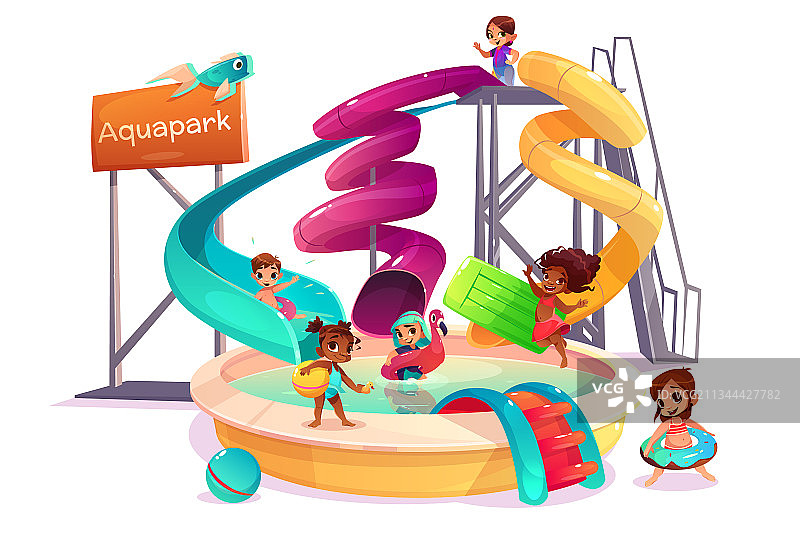 在水上乐园玩耍的儿童卡通图片素材