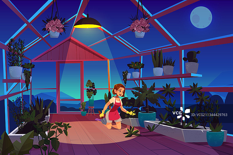 晚上在温室里照料植物的女人图片素材