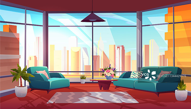带全景窗的舒适公寓客厅图片素材